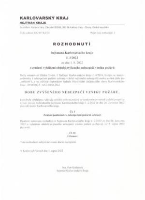Rozhodnutí hejtmana - zvýšené nebezpečí vzniku požárů - zrušení